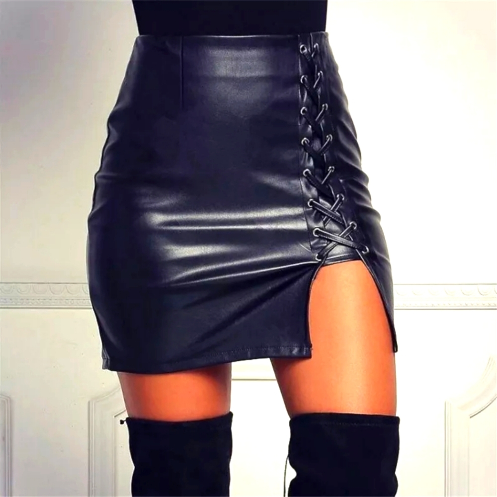 Autumn sexy leather mini Black skirt